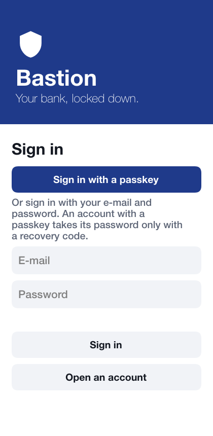 The sign-in screen with fields for e-mail and password and buttons to sign in, sign in with a passkey and open an account