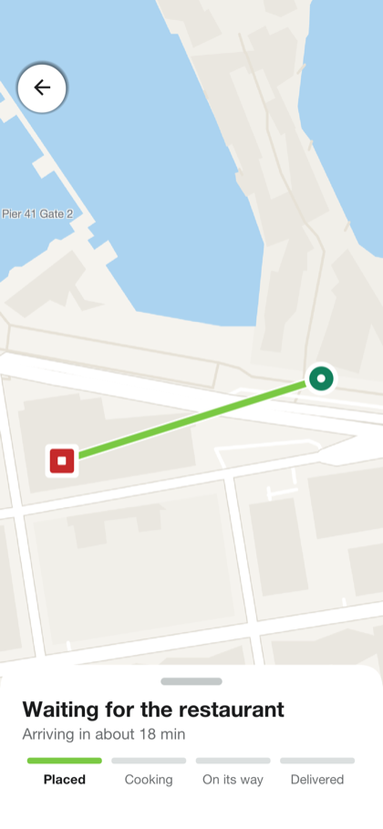The order screen just after placing it: the restaurant and the door on a map, the step reading Waiting for the restaurant, and a button to cancel